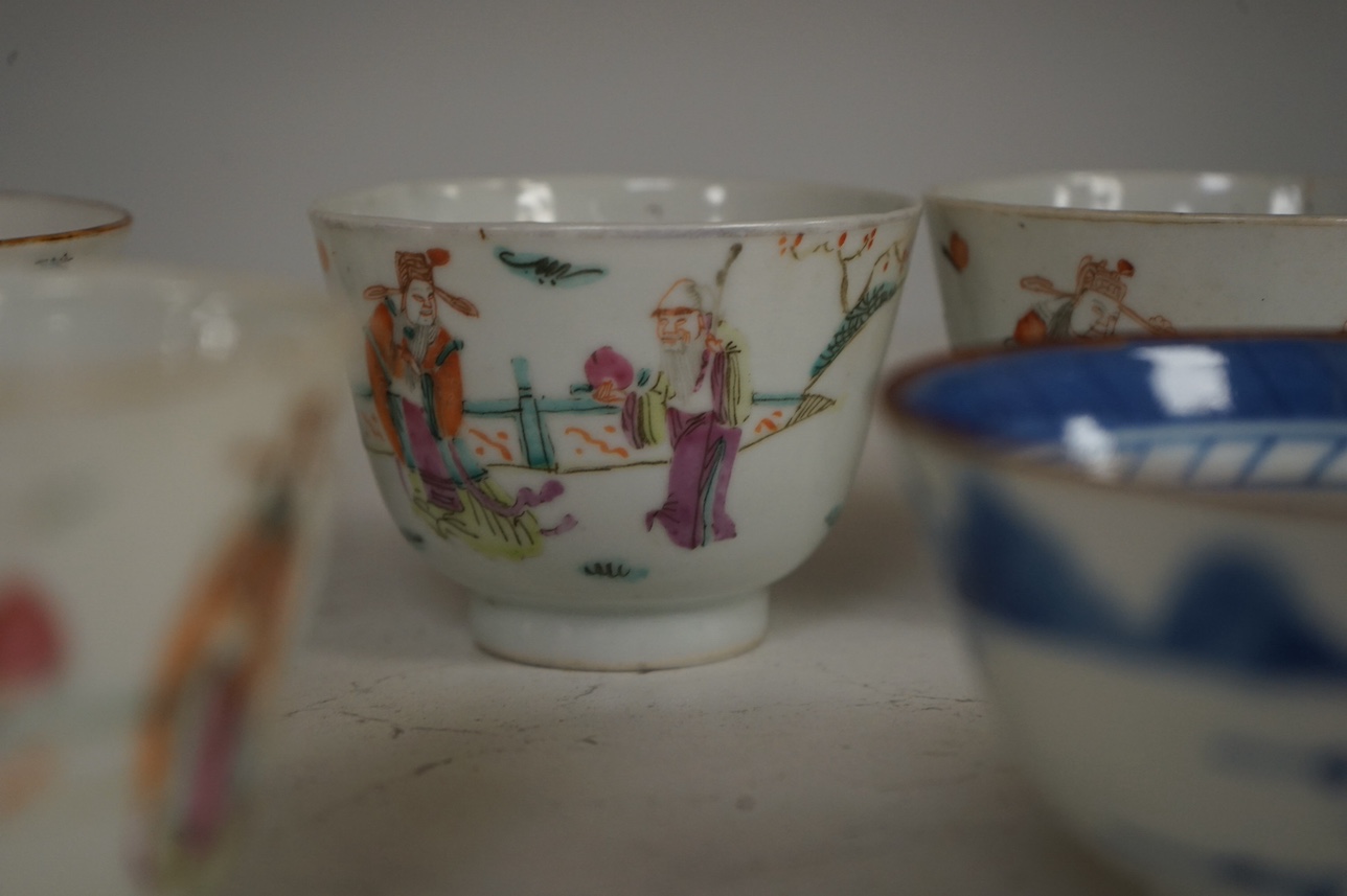 An 18th century Chinese Imari teapot and cover, a similar teabowl, four early 20th century Chinese porcelain cups and a bowl, tallest 12cm. Condition - varies